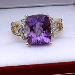 Ladies 10 Karat Yellow Gold & Diamond Cushion Cut Checkerboard Genuine Amethyst Ring Size 8