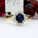 Midnight Blue Oval Sapphire and Diamonds Halo Ladies Ring 14 Karat Yellow Gold Size 7