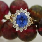 Royal Blue Oval Sapphire Diamonds Halo Ladies Ring 14 Karat Yellow Gold Size 7
