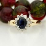 Midnight Blue Oval Sapphire and Diamonds Halo Ladies Split Shank Ring 18 Karat Yellow Gold Size 7