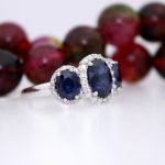 3 Oval Stone Sapphire Diamond Halo Ladies Ring