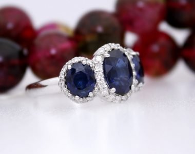 3 Oval Stone Sapphire Diamond Halo Ladies Ring